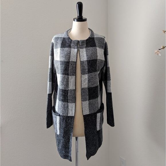 YAIRA Checkered Plaid Long Open Cardigan Jacket Sweater Check Patten Knit Medium - Picture 7 of 8